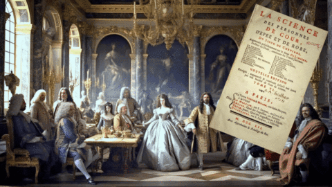 Encadernação de couro rara do livro La science des personnes de cour, d'épée et de robe, com manuscritos antigos.